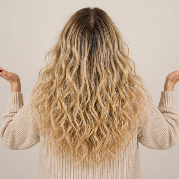 Back view of curly hair showing flat roots at the crown, with defined curls through the lengths, illustrating the common flat roots curly hair issue.