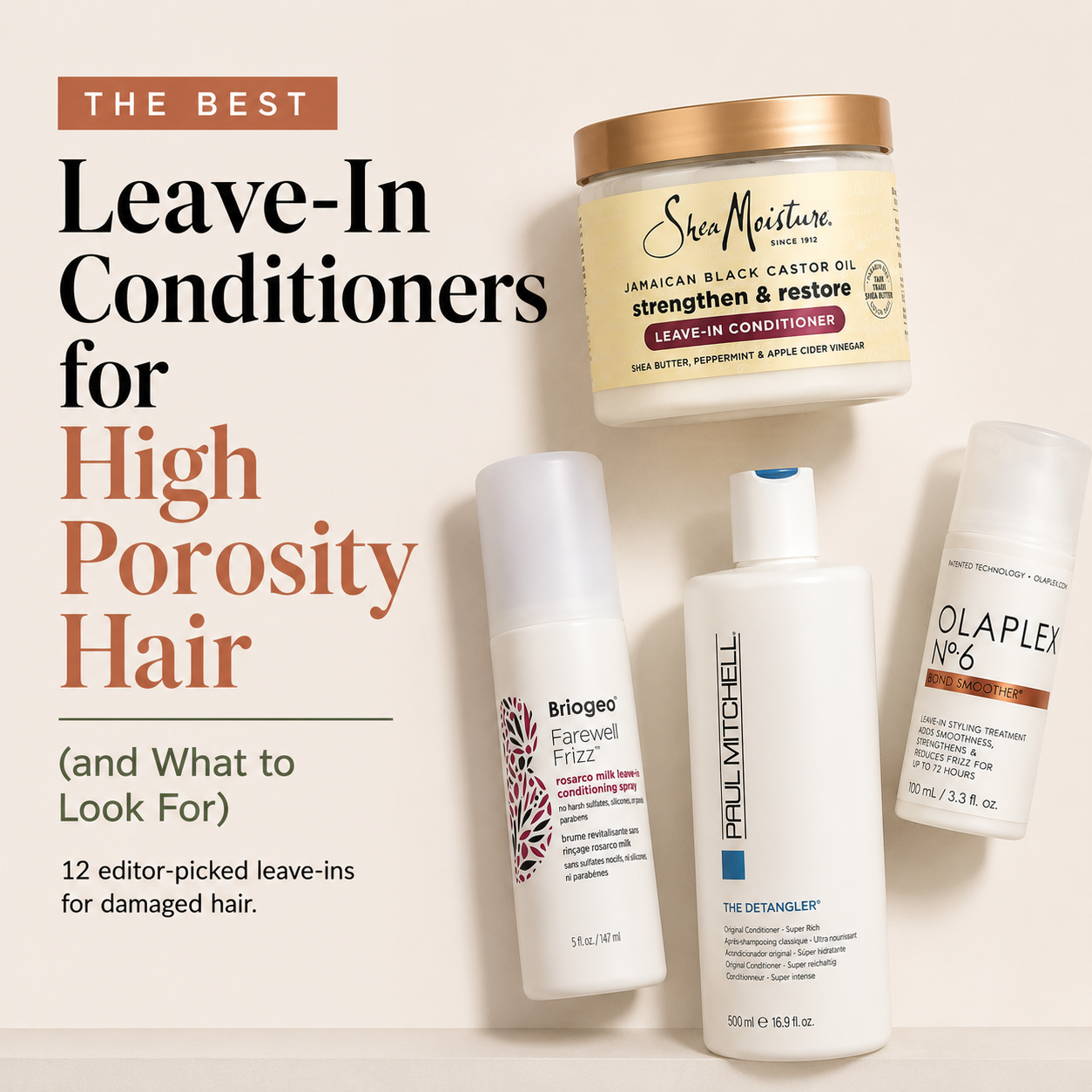 Featured graphic titled "The Best Leave-In Conditioners for High Porosity Hair (and What to Look For), 12 editor-picked leave-ins for damaged hair," showing a Shea Moisture Jamaican Black Castor Oil leave-in jar, Briogeo Farewell Frizz Rosarco Milk spray, Paul Mitchell The Detangler, and Olaplex No. 6