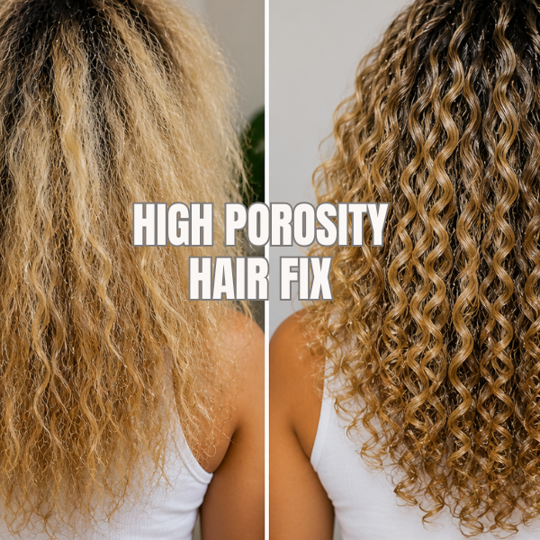 High porosity bleached hair before and after showing frizzy dry curls transformed into defined, hydrated curls.
