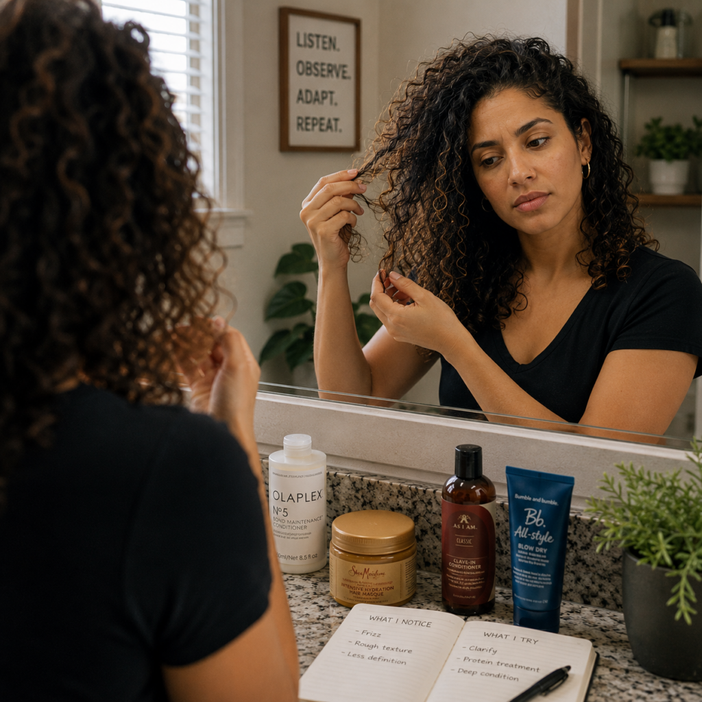 Woman with curly hair looking at a few strands of her hair in a bathroom mirror.