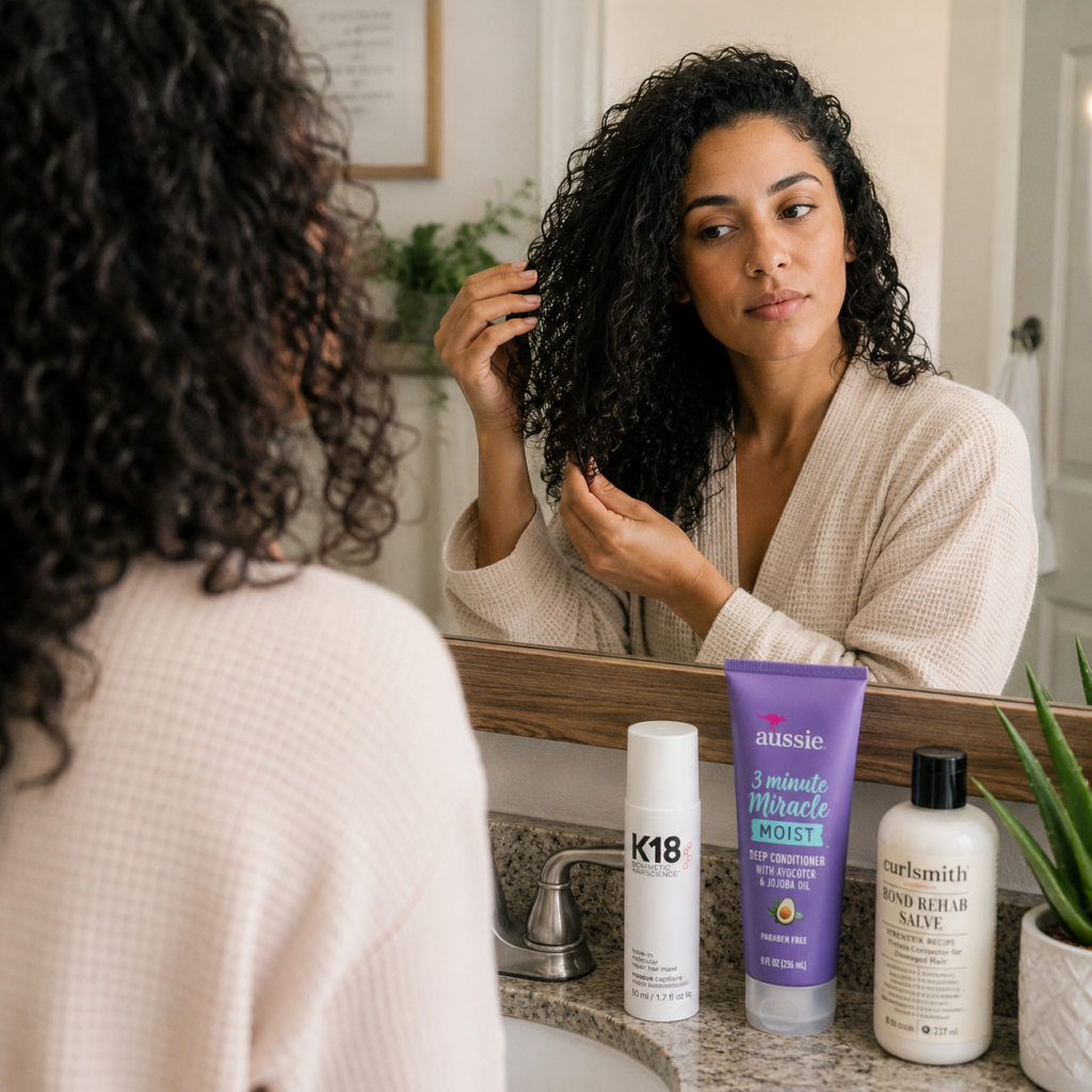 Woman with dark curly hair examining a section of her curls in a bathroom mirror while comparing curly hair products on the counter, including K18, Curlsmith Bond Rehab Salve, and Aussie 3 Minute Miracle Moist. The image illustrates choosing protein treatments based on the hair’s current condition rather than hair type alone.