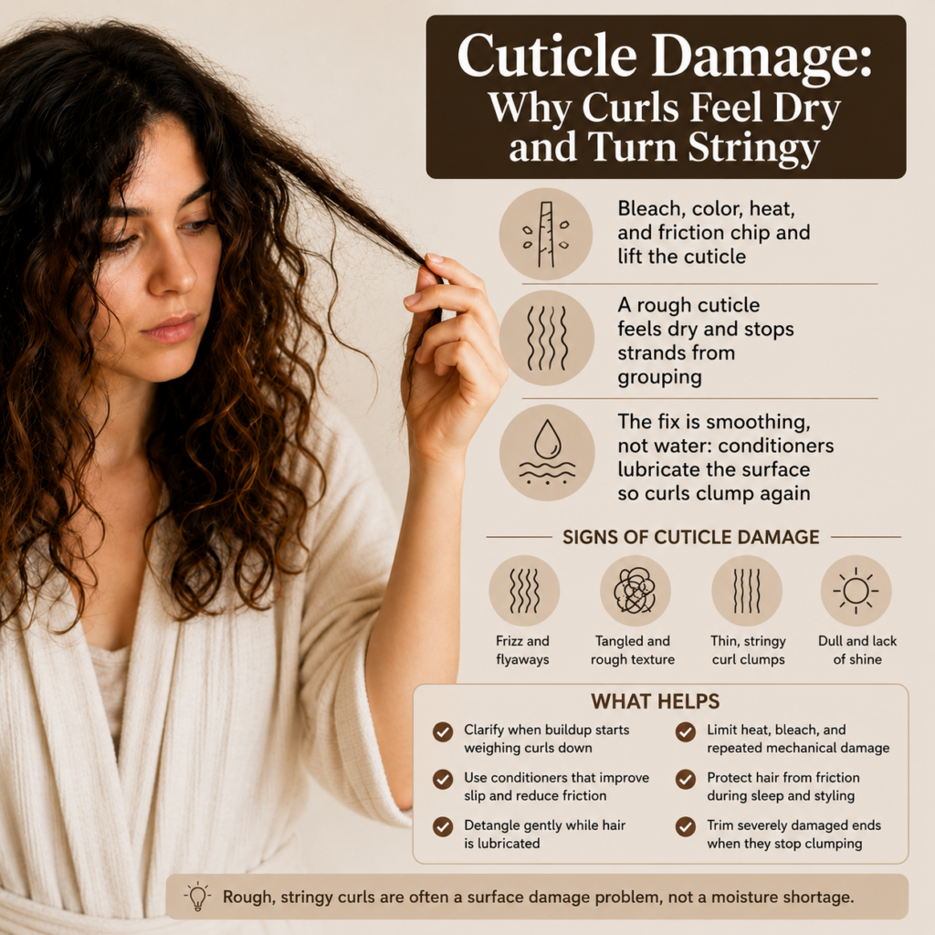 Infographic explaining cuticle damage in curly hair: bleach, color, heat, and friction roughen the cuticle, making curls feel dry and turn stringy.