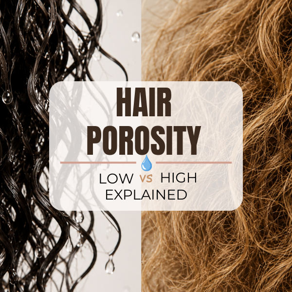 Close-up comparison of low vs high hair porosity showing wet glossy curls with water beads beside dry frizzy curly hair texture.