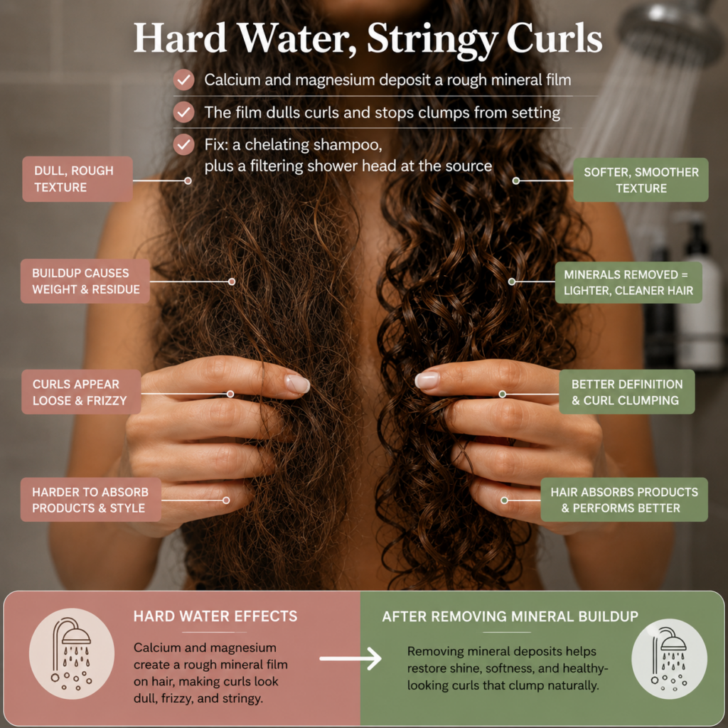 Infographic on hard water and stringy curly hair: calcium and magnesium deposit a mineral film that dulls curls, fixed with a chelating shampoo and filtering shower head.