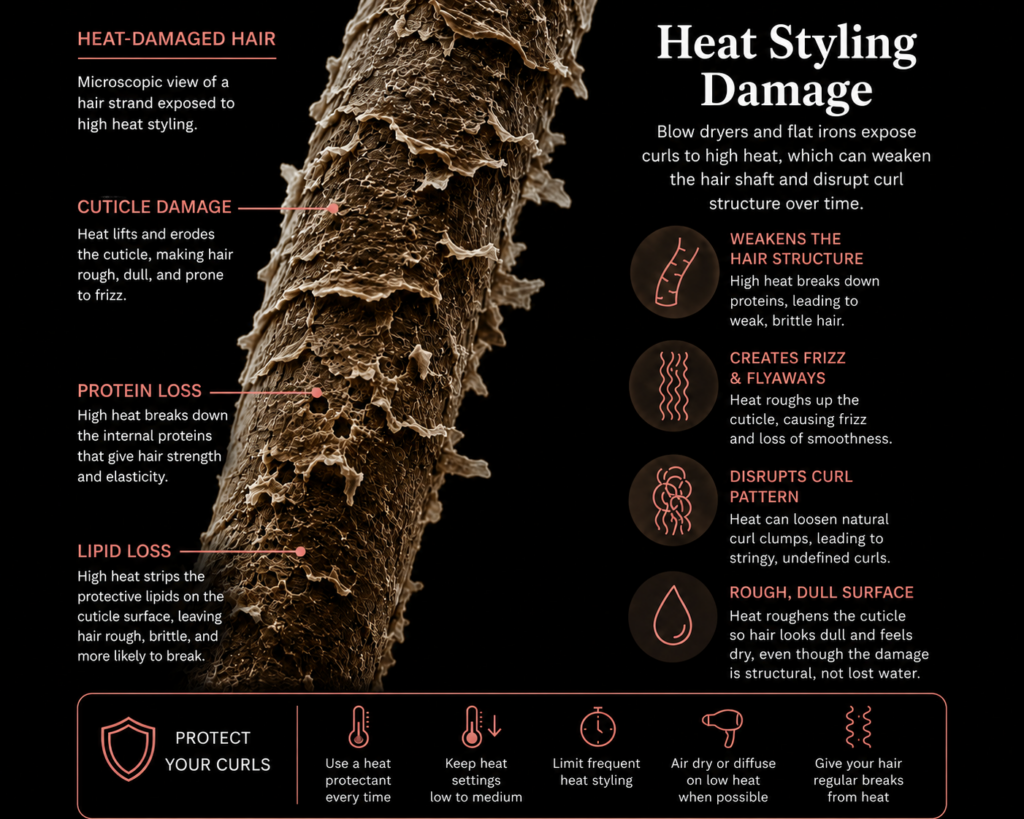 Infographic on heat styling damage in curly hair: a microscopic view of a damaged strand with labels for cuticle damage, protein loss, and lipid loss, plus how heat weakens structure, causes frizz, disrupts curl clumps, and tips to protect curls from heat
