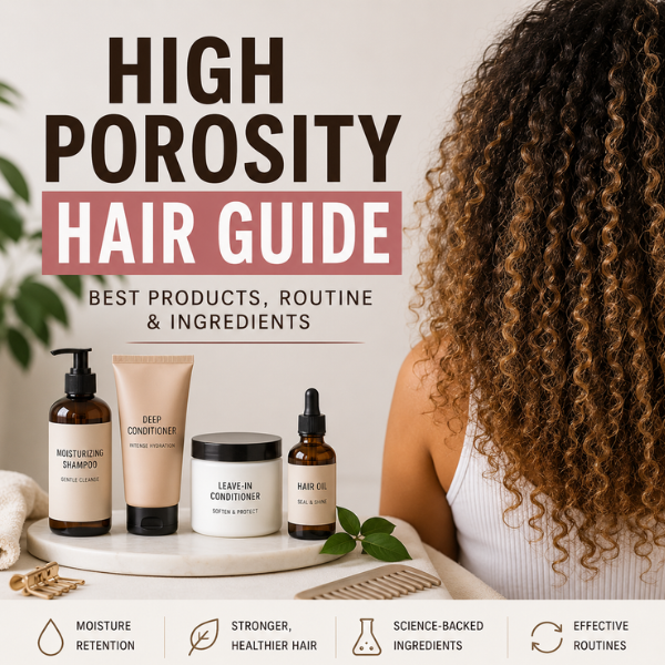 High porosity hair guide graphic featuring defined curly hair alongside moisturizing hair products like shampoo, deep conditioner, leave-in conditioner, and hair oil designed to help reduce frizz, improve moisture retention, and strengthen dry high porosity hair.