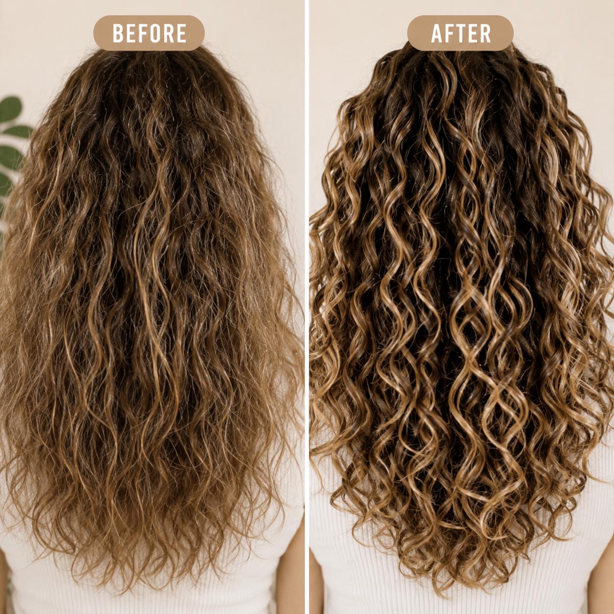 Before-and-after comparison of limp curly hair showing loose, stretched curls on one side and more defined, fuller curl clumps on the other.