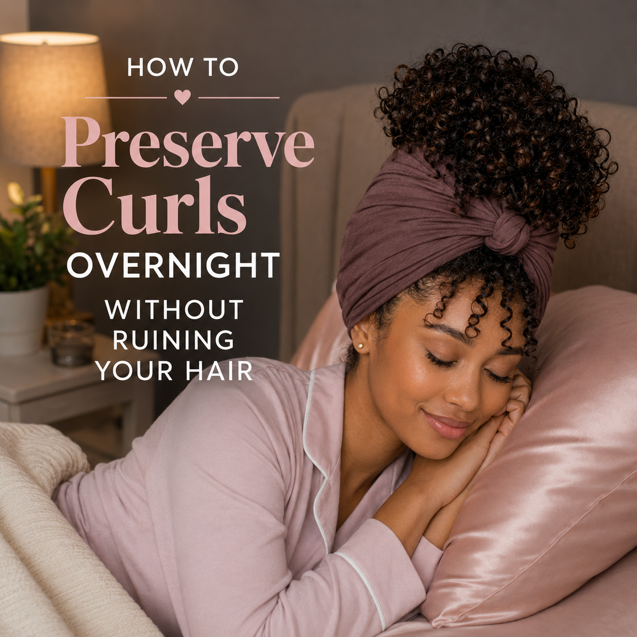 Woman with curly hair wrapped in a pineapple-style satin scarf while wearing pink pajamas in a cozy bedroom with a satin pillowcase. Text overlay reads “How to Preserve Curls Overnight Without Ruining Your Hair."