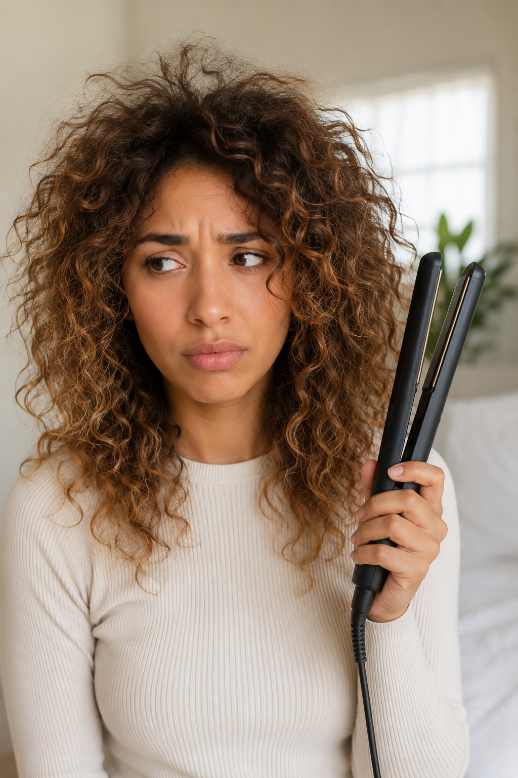 Woman with frizzy curly hair holding a flat iron beside text about restoring heat-damaged curls and getting natural curls back naturally.
