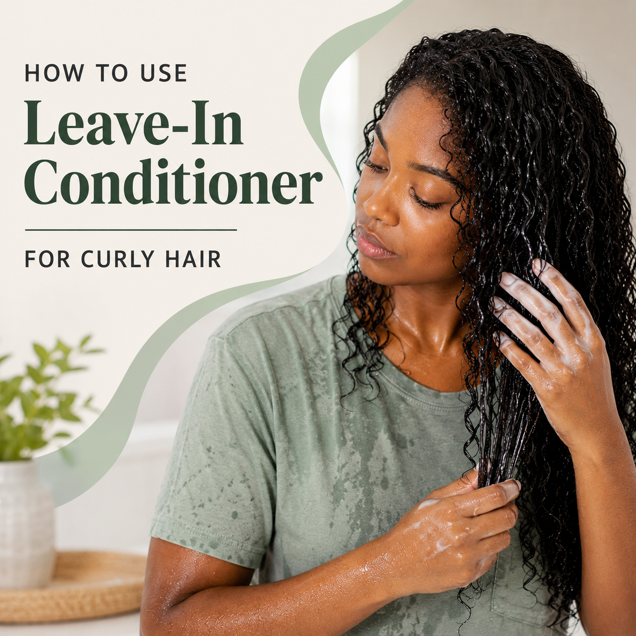 Alt text: Featured image for how to use leave-in conditioner for curly hair: a woman smoothing leave-in conditioner through her long, wet, defined curls with both hands, beside the title "How to Use Leave-In Conditioner for Curly Hair."