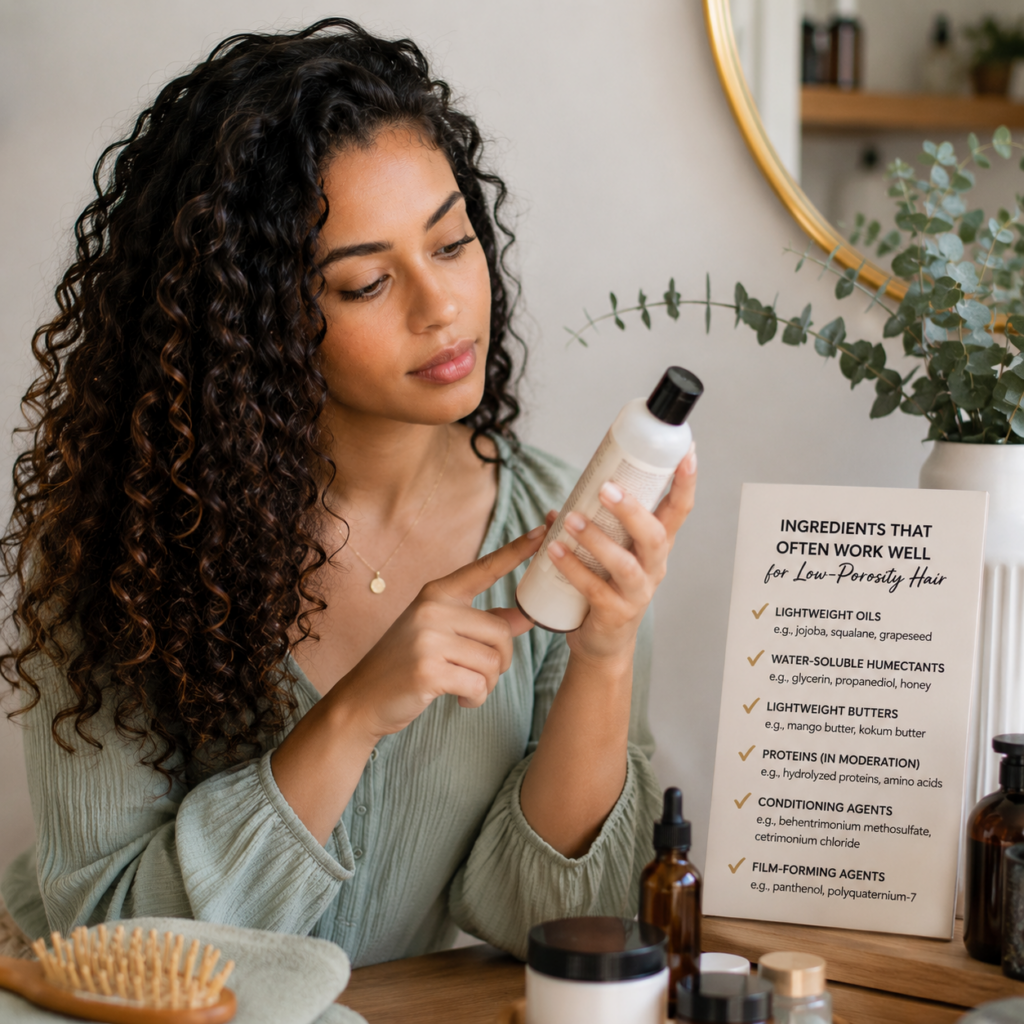 Woman with long, dark curly hair reading a product ingredient label in a bright bathroom. The image accompanies a section about ingredients that often work well for low-porosity hair, including conditioning agents, lightweight oils, proteins, and film-forming ingredients that can improve manageability, softness, and reduce buildup.