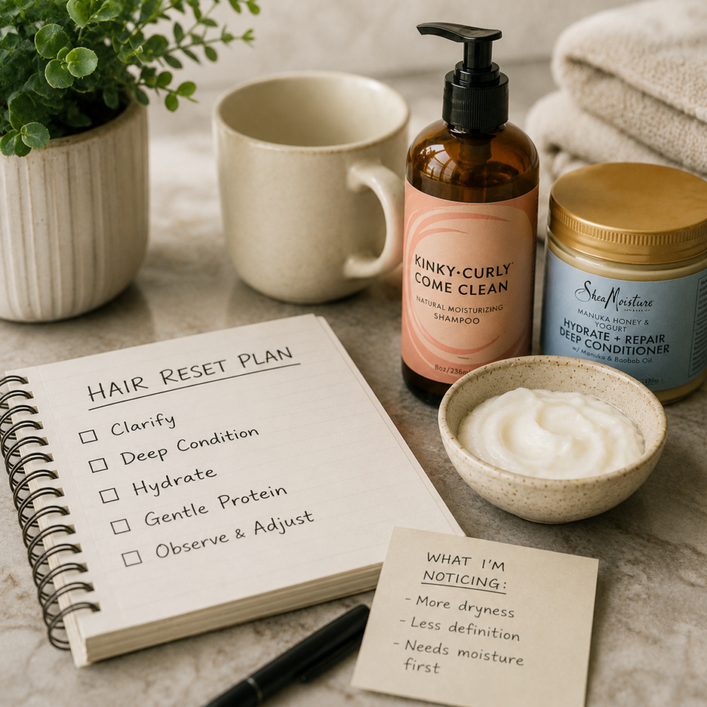 Flat-lay of a hair care routine reset plan beside a clarifying shampoo, deep conditioner, and treatment products on a bathroom counter. A notebook lists steps such as clarify, deep condition, hydrate, use gentle protein, and observe results, illustrating how to troubleshoot hair that no longer responds well to protein-based products.