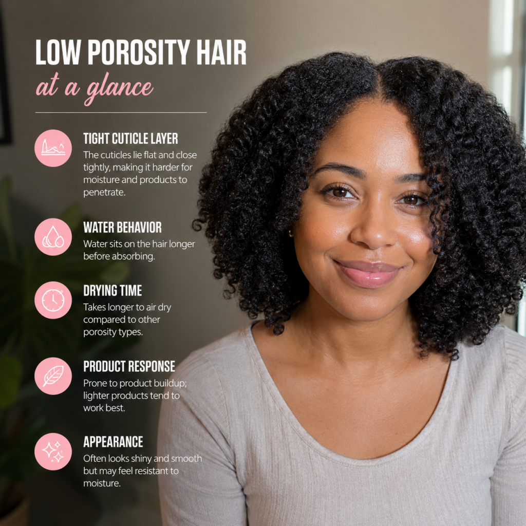 Woman with healthy, dark curly hair smiling indoors beside an infographic titled "Low Porosity Hair at a Glance." The graphic highlights common characteristics of low-porosity hair, including a relatively intact cuticle layer, longer drying times, tendency toward product buildup, and the need for lightweight formulations. The image supports a guide about understanding low-porosity hair behavior and choosing products accordingly.