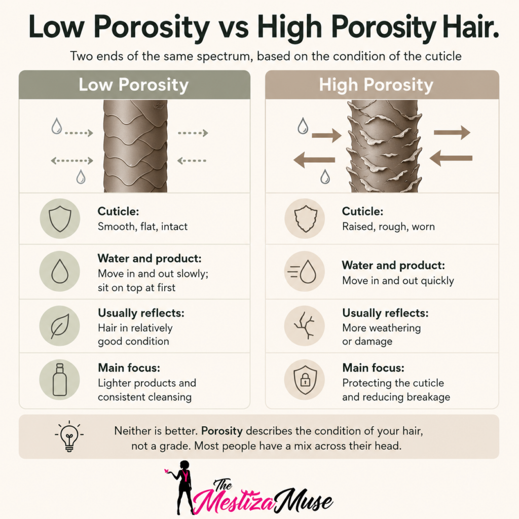 Infographic comparing low porosity and high porosity hair by cuticle condition. The illustration shows a relatively smooth, intact cuticle with slower movement of water and products for low porosity hair, and a raised, weathered cuticle with faster movement of water and products for high porosity hair. The graphic explains how cuticle condition influences hair behavior, product response, and care priorities.