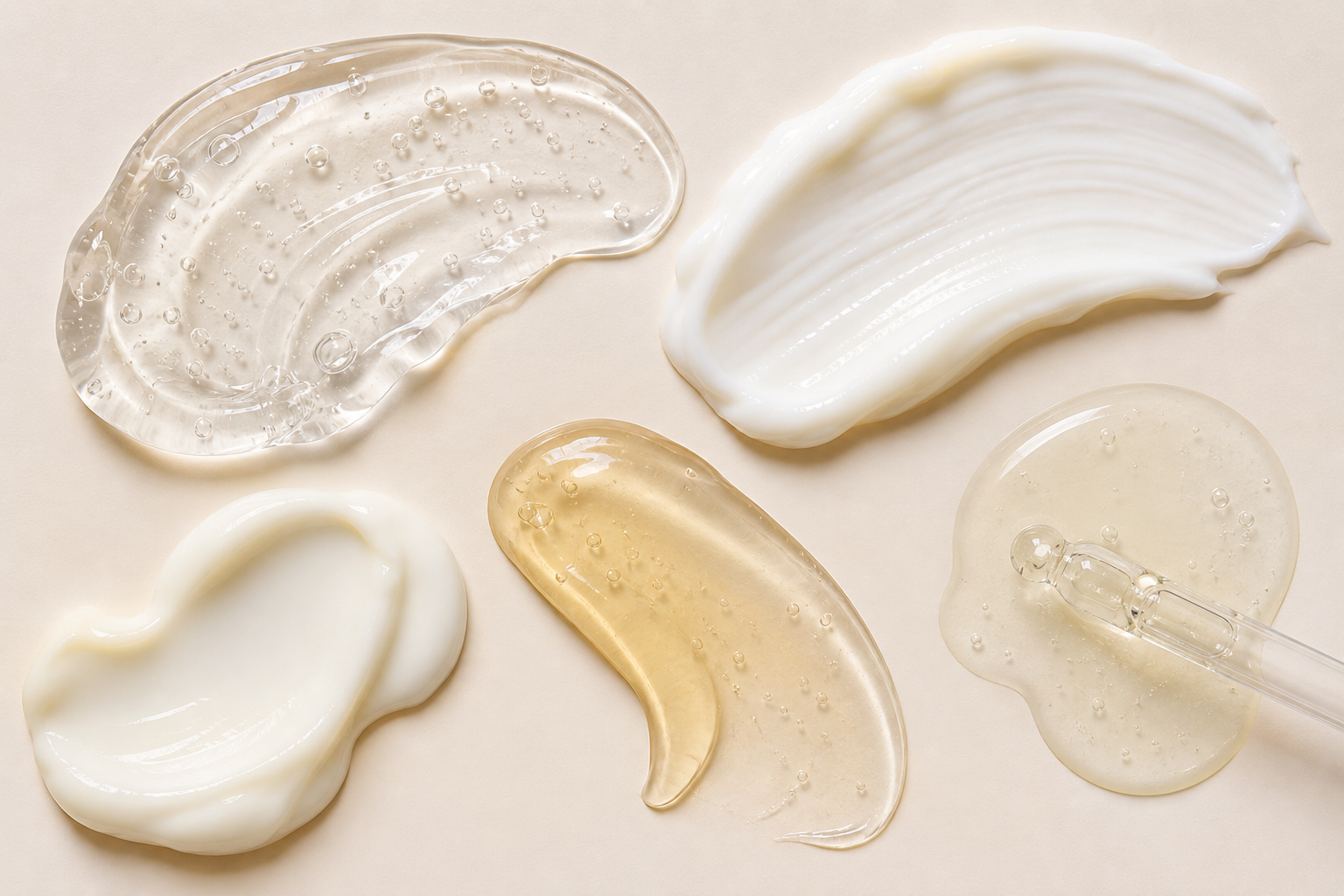 Clear gel, cream, and serum textures demonstrating different polymer-based hair product consistencies used in shampoos, conditioners, and styling products.