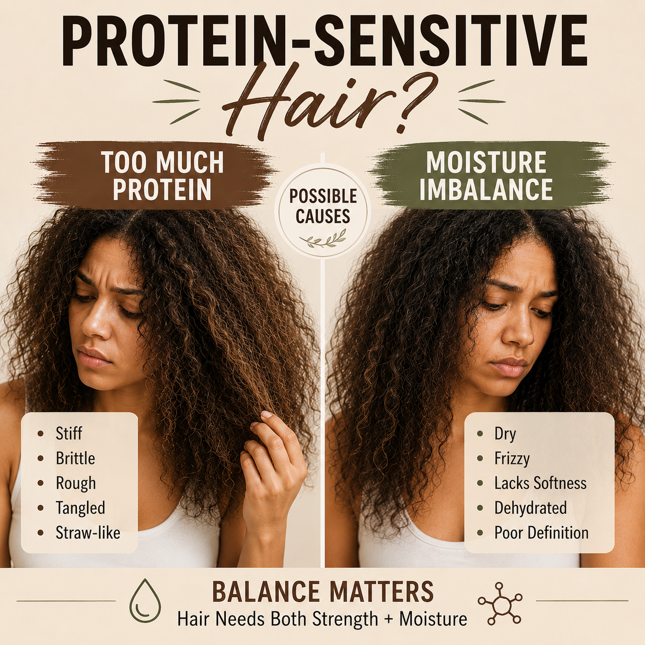 Realistic side-by-side comparison showing curly hair affected by protein overload versus moisture imbalance, illustrating signs of protein-sensitive hair including stiffness, dryness, rough texture, and frizz.