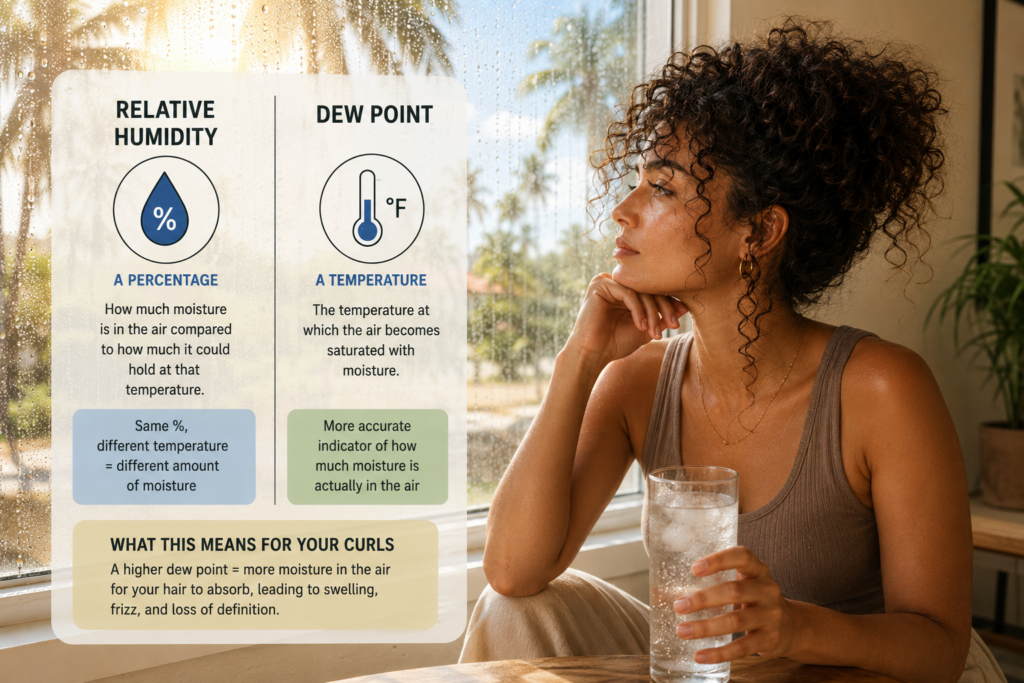 Woman with curly hair sitting indoors beside a large window overlooking a hot, humid summer day with lush green trees and bright sunlight. An educational graphic compares relative humidity and dew point, explaining how moisture in the air affects curl behavior, frizz, swelling, and definition. The image illustrates the difference between humidity percentage and dew point in relation to curly hair care