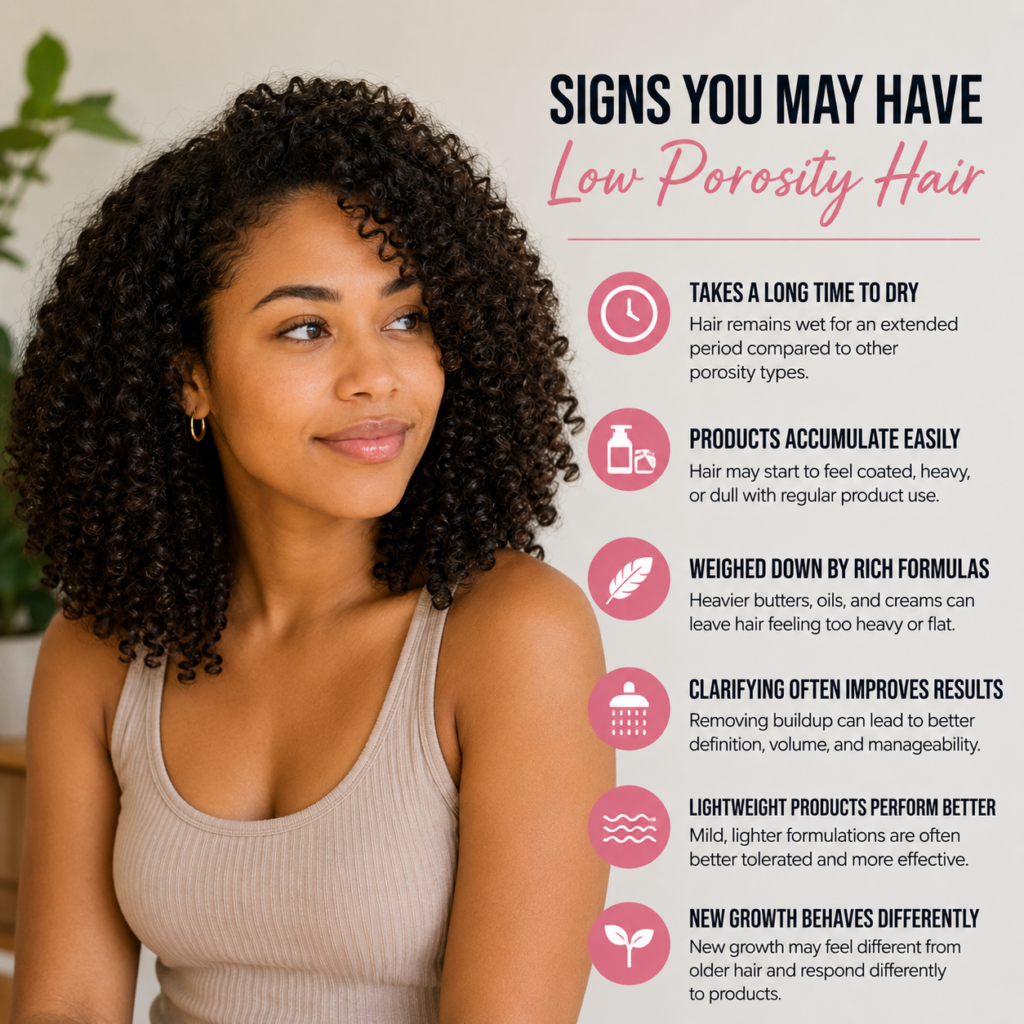 Infographic titled "Signs You May Have Low Porosity Hair" featuring a woman with dark, defined curly hair wearing a beige sleeveless top. The graphic highlights common low-porosity hair behaviors, including long drying times, product buildup, heaviness from rich formulas, improved results after clarifying, preference for lightweight products, and differences between new growth and older hair. The image supports a science-based guide to understanding low-porosity hair behavior and choosing products accordingly.