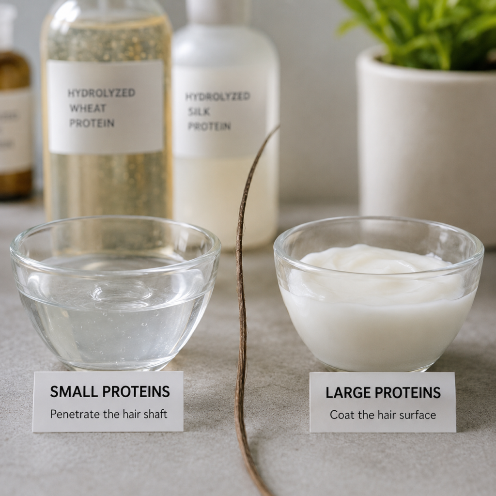Image of small proteins and large proteins in small glass bowl with hair strand.