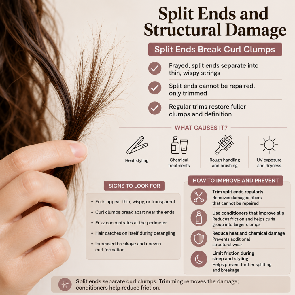 Infographic showing how split and frayed ends break curl clumps into thin, stringy pieces and why trimming is the only fix.