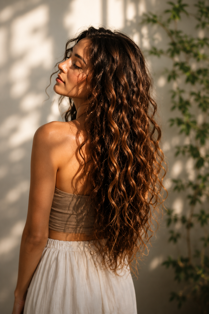 Image of woman with long brown wavy curly hair.