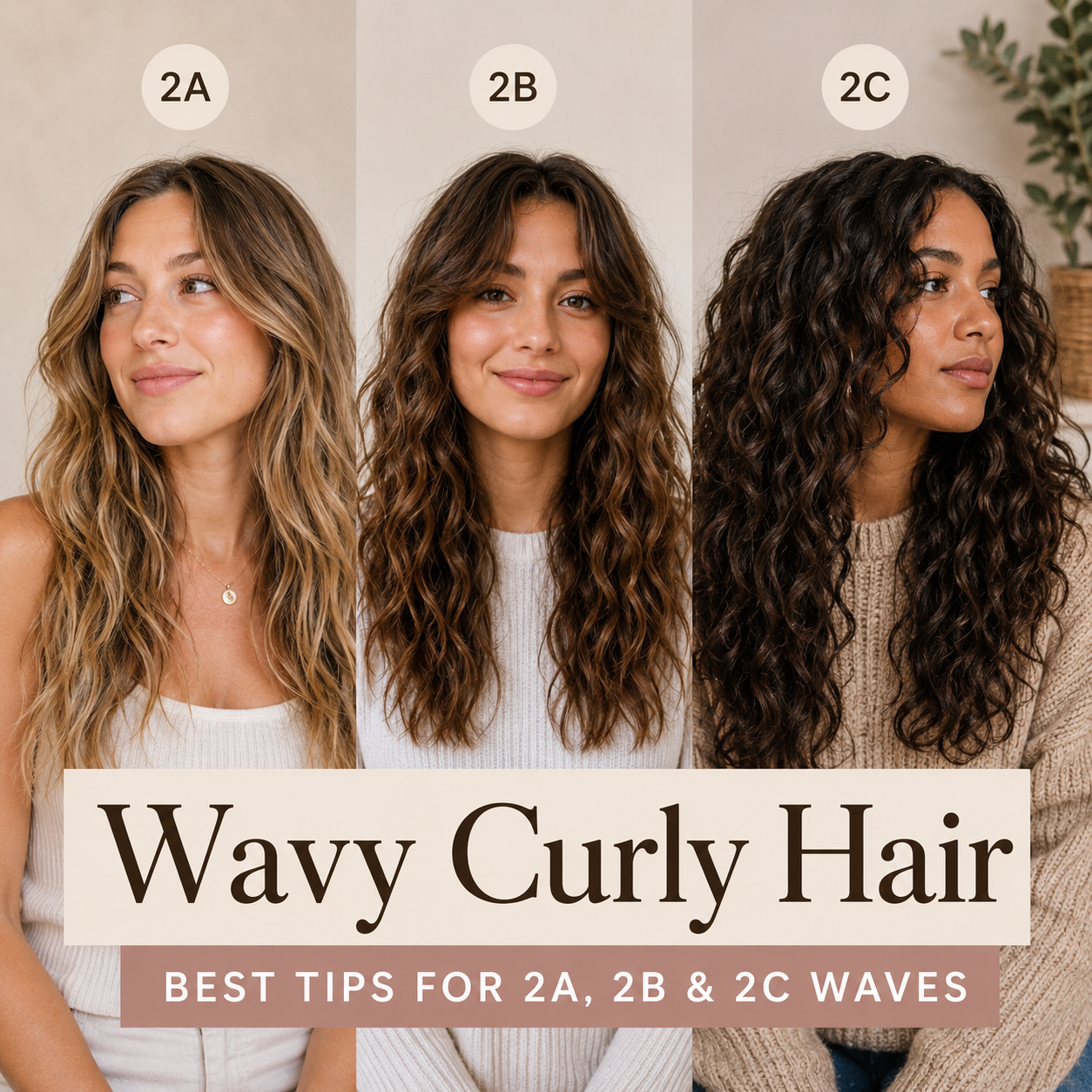 Three women with 2A, 2B, and 2C wavy curly hair textures shown side by side in a soft editorial-style hair guide featuring natural waves, volume, and definition for different type 2 hair pattern.