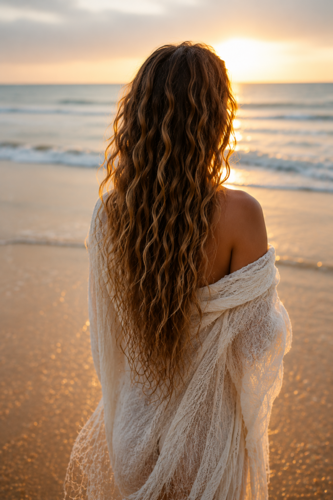 Woman with long blonde wavy curly hair on the beach.