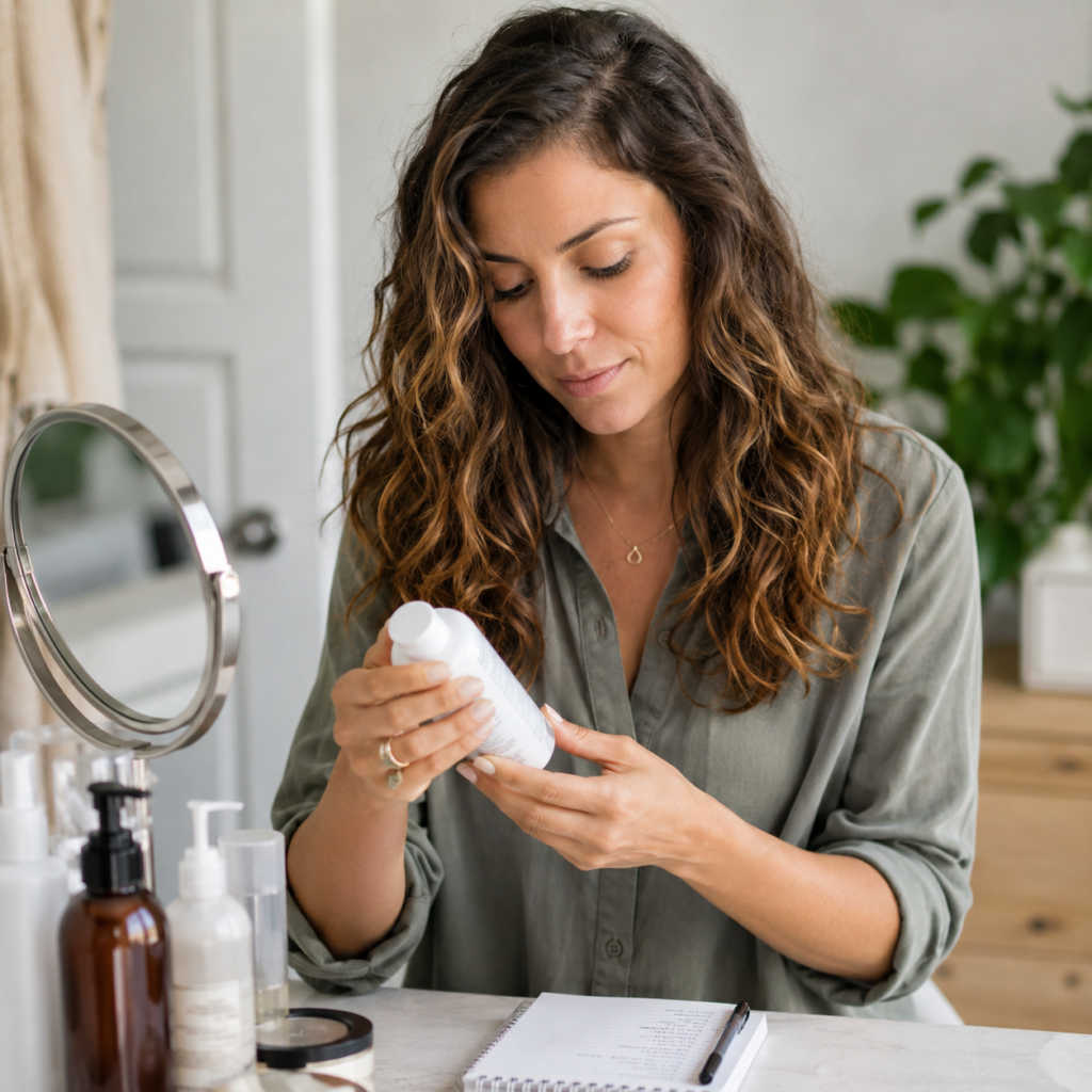 Woman with medium-length wavy hair reading the ingredient label on a hair care product while sitting at a bathroom vanity. Several styling and conditioning products, along with a notebook for tracking results, are visible on the counter. The image represents testing hair products, observing hair behavior, and keeping notes to determine which ingredients and routines work best for wavy or curly hair.