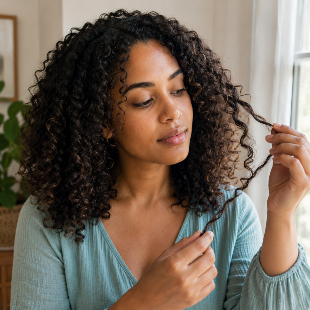 Woman with healthy curly hair examining a curl strand near a window in natural light. The image accompanies a section explaining what low-porosity hair is and how hair behavior can help identify it.