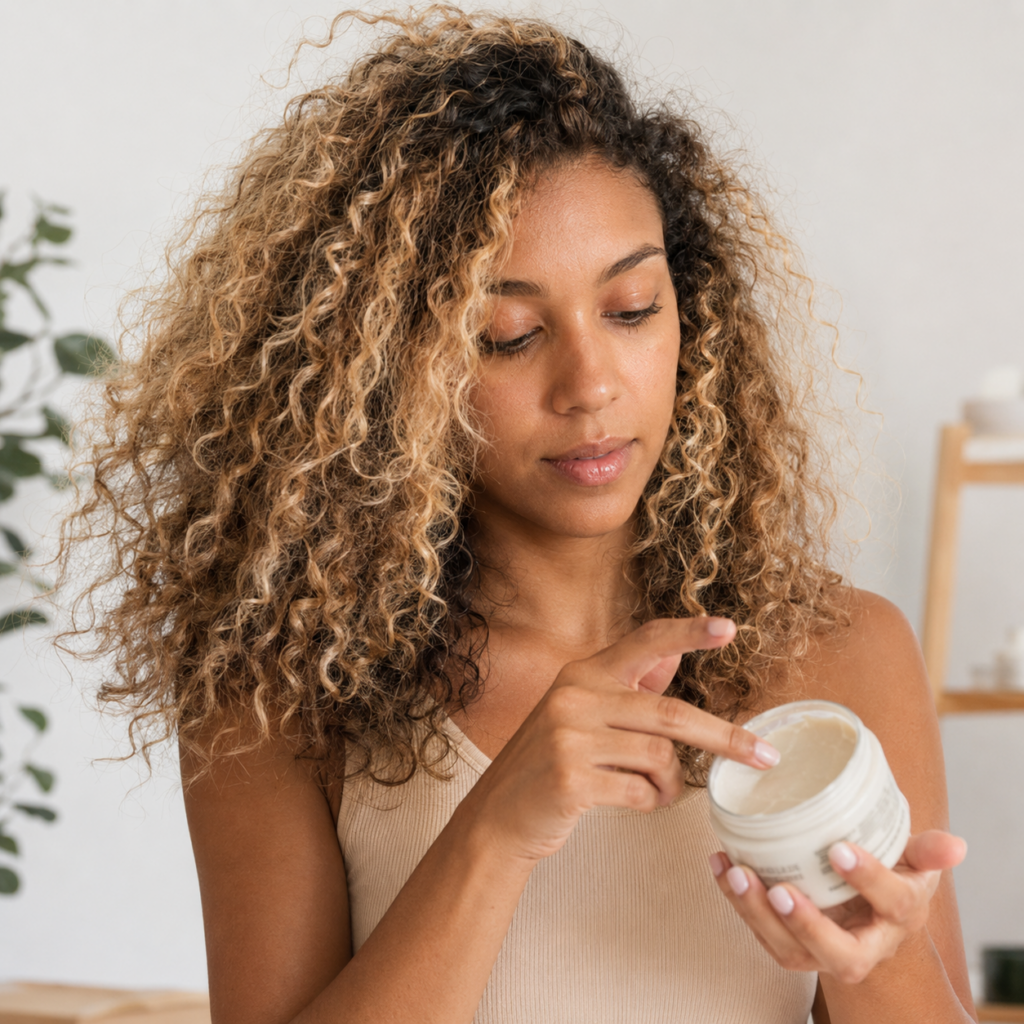 Woman with highlighted curly hair examining a styling cream in a jar. The image illustrates choosing products based on hair behavior, curl hold, and humidity response rather than focusing only on humectants or anti-humectants.