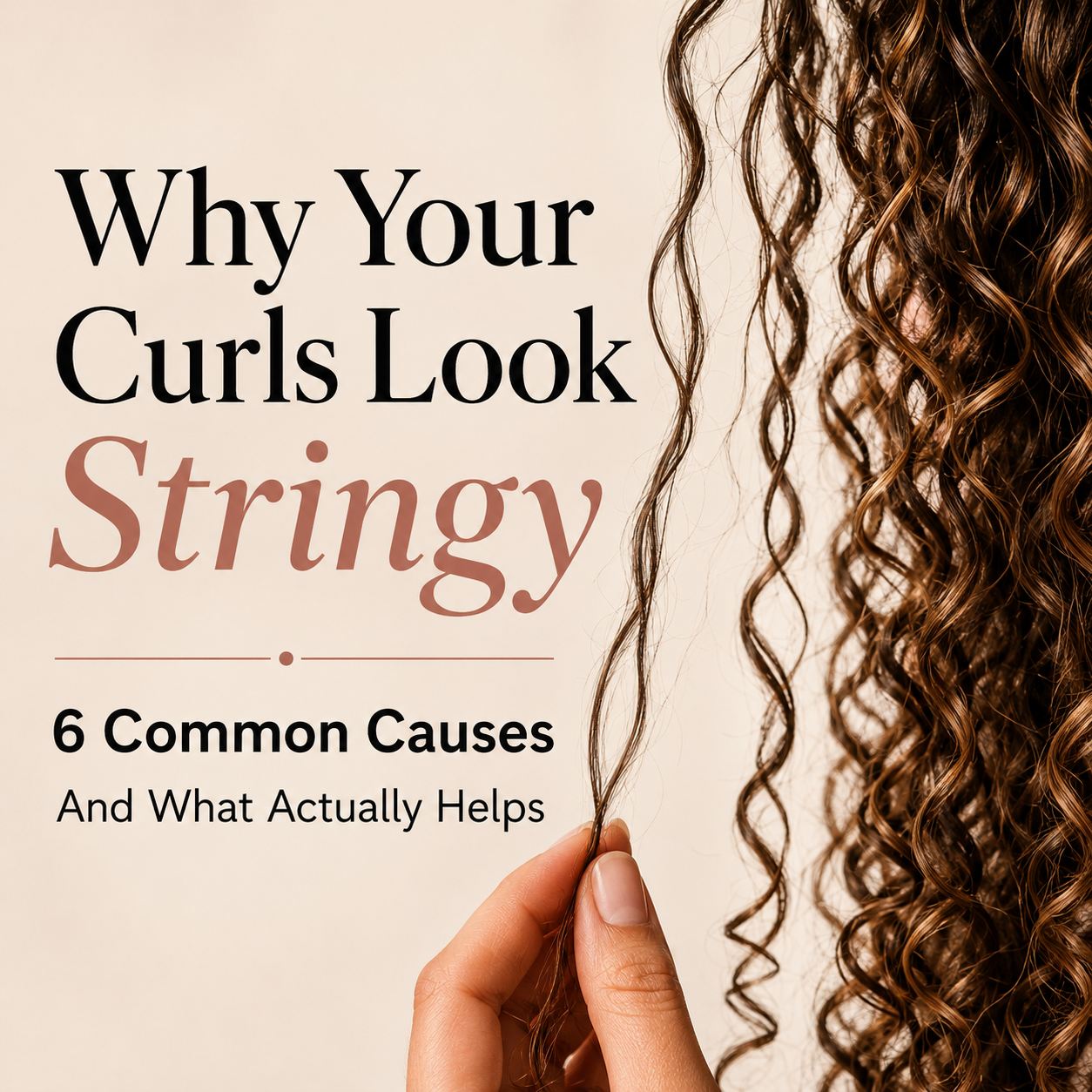 Close-up of a curly-haired woman holding a thin, stringy curl strand beside the title Why Your Curls Look Stringy.