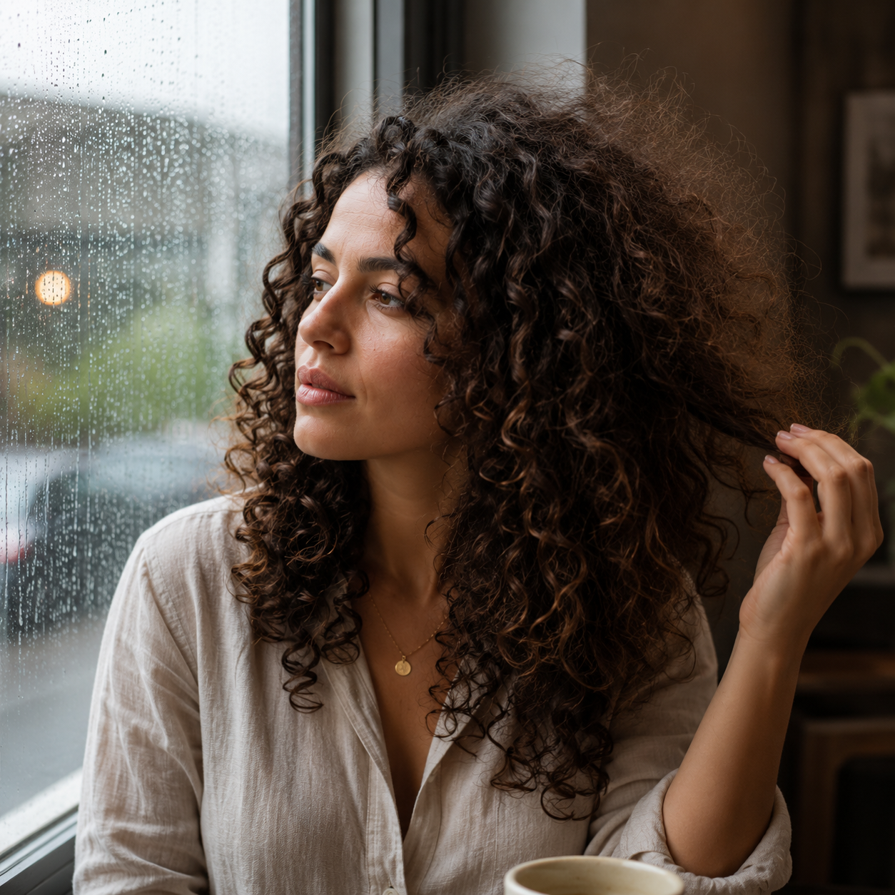Woman with naturally curly hair sitting beside a rain-covered window, gently examining a section of her curls as humidity affects curl definition and volume. The image illustrates how weather, humidity, and moisture in the air can influence curl behavior, frizz, and hair shape throughout the day.