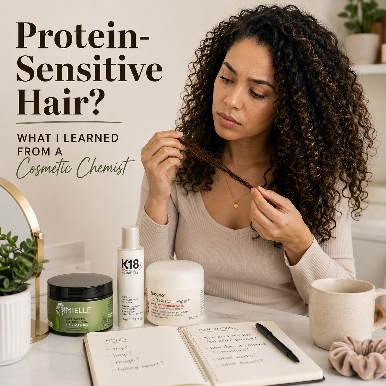 Woman with dark curly hair sitting at a vanity table, examining a section of her curls while comparing hair care products and taking notes in a journal. The image represents learning how protein, conditioning, and overall hair condition influence hair behavior, inspired by insights from a cosmetic chemist.