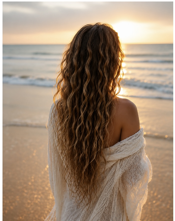 Woman with long blonde wavy hair showing soft, S-shaped type 2 waves.