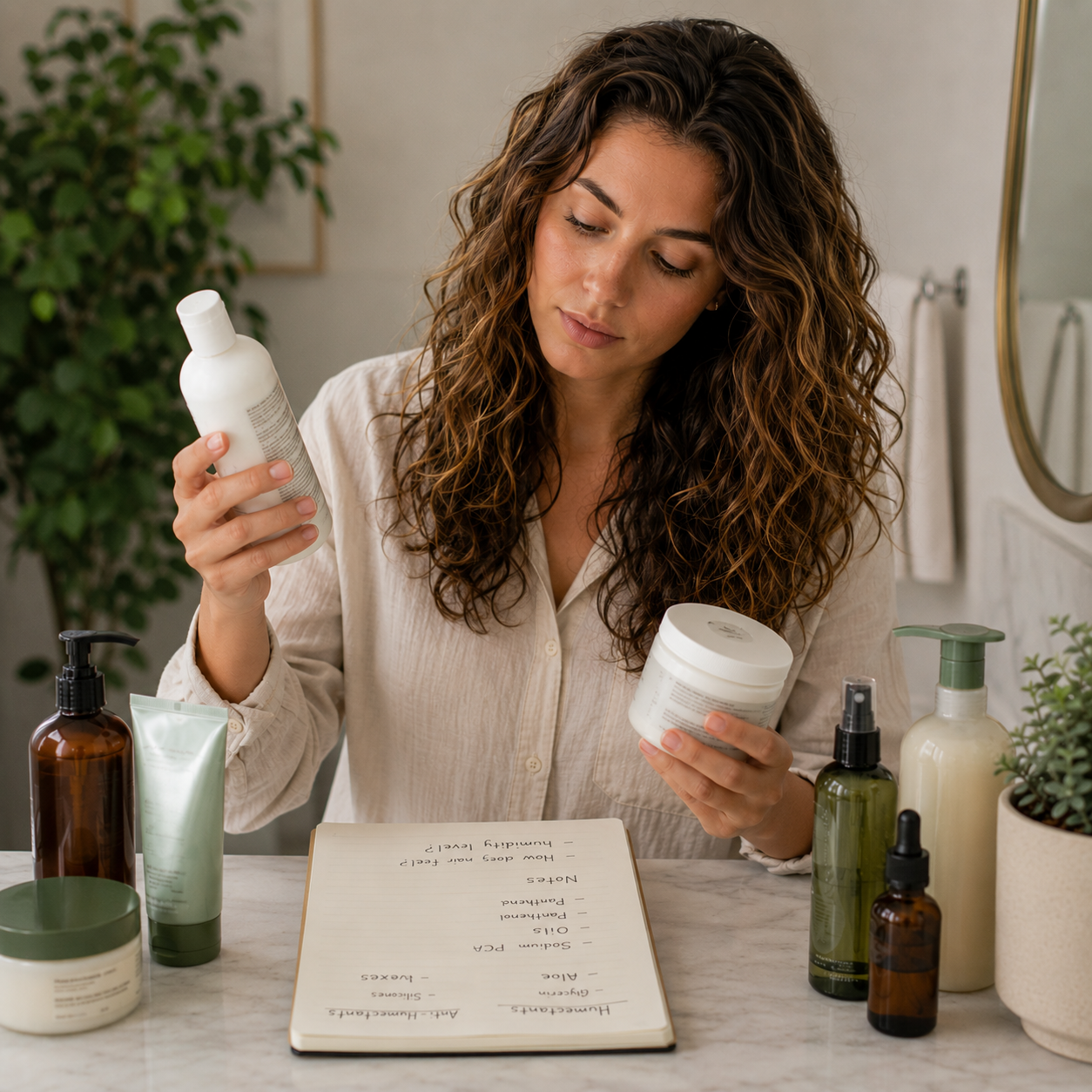 Woman with long wavy hair comparing two hair care products while reviewing notes in a notebook at a bathroom vanity. The notebook is positioned toward her as she evaluates ingredients and product performance, illustrating how to test humectants, styling products, and conditioning ingredients based on real hair behavior rather than marketing claims.