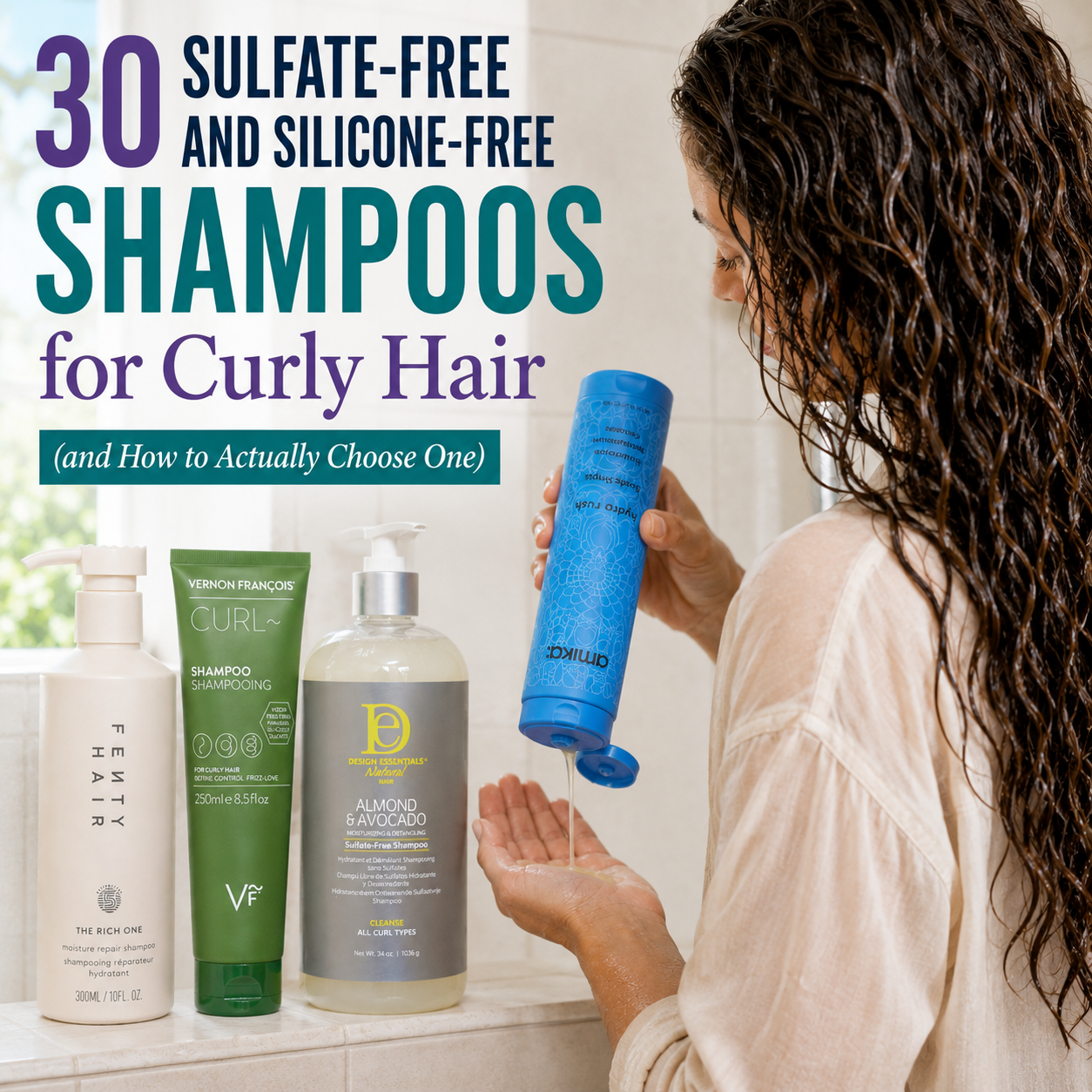 urly-haired woman applying sulfate-free, silicone-free shampoo with bottles on a sage-green shower ledge."