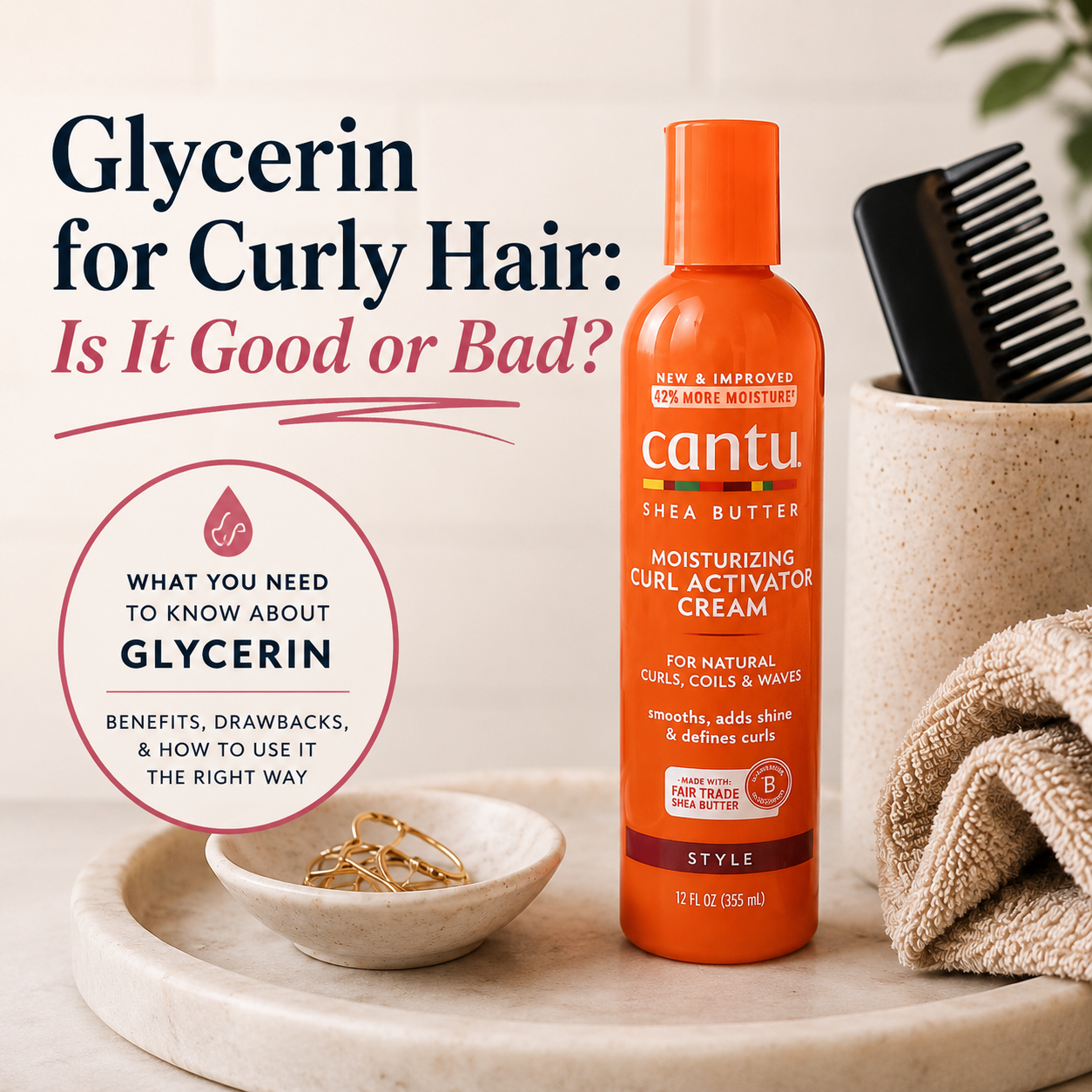 The image represents the question of whether glycerin is good or bad for curly hair and explores the role of humectants, product formulation, humidity, and curl behavior in a science-based curly hair routine.