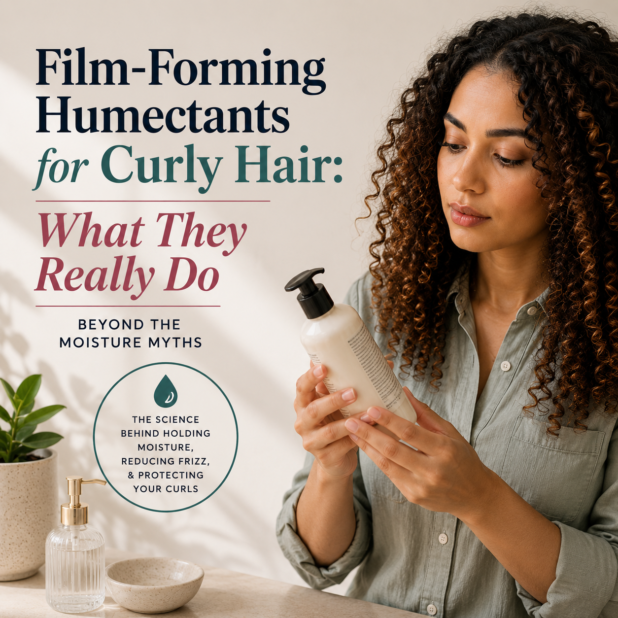 Woman with naturally curly hair reading the ingredient label on a hair product bottle while learning about film-forming humectants. The pin explores what film-forming humectants actually do for curly hair, how they differ from common moisture myths, and why product formulation matters more than marketing claims. Featured text reads: “Film-Forming Humectants for Curly Hair: What They Really Do.”