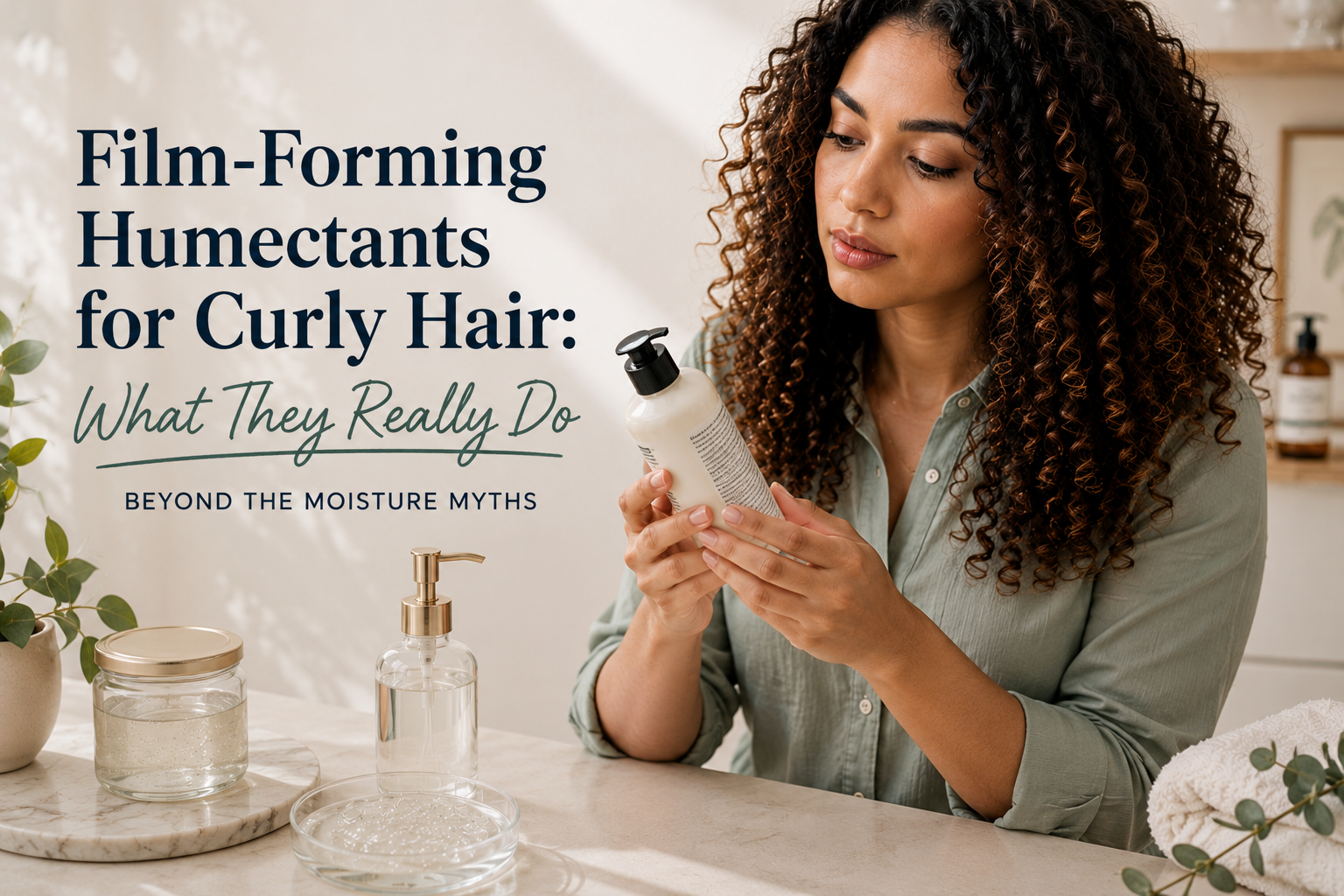 Woman with naturally curly hair reading the ingredient label on a hair product bottle while learning about film-forming humectants. The pin explores what film-forming humectants actually do for curly hair, how they differ from common moisture myths, and why product formulation matters more than marketing claims. Featured text reads: “Film-Forming Humectants for Curly Hair: What They Really Do.”